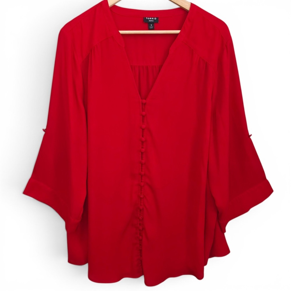 Torrid Top Womens 3 US Plus 3X‎  Red Harper Semi Sheer Blouse Roll Tab Sleeve